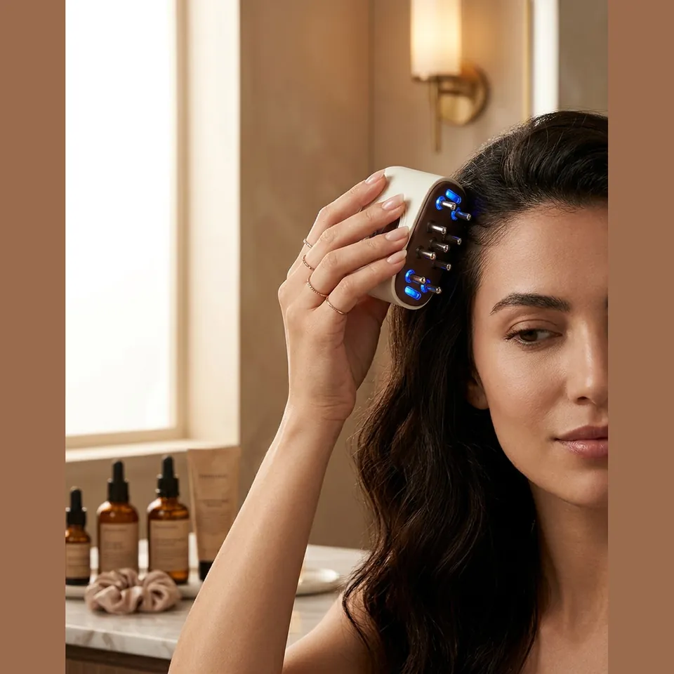 Scalp Renewal Light Device drawn through the hair at the roots